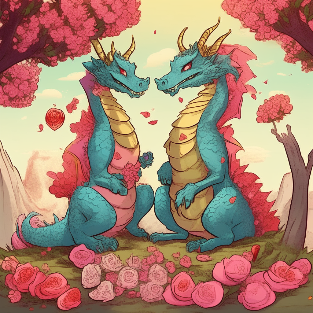 Two cartoon dragon couples sitting together under a blossoming tree, with piles of money and bouquets of roses at their feet