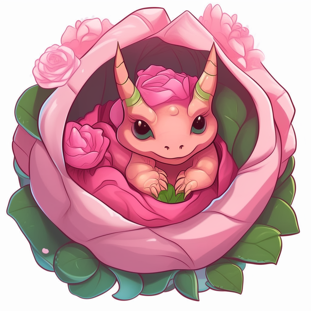 A cartoon baby dragonette curled up inside a large pink rose