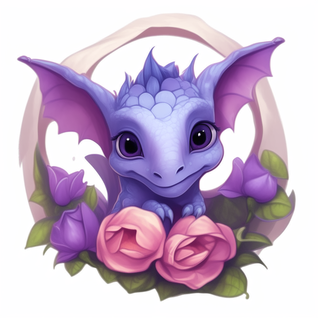 A tiny cartoon baby dragonette peeking out from within the delicate purple petals of a rose