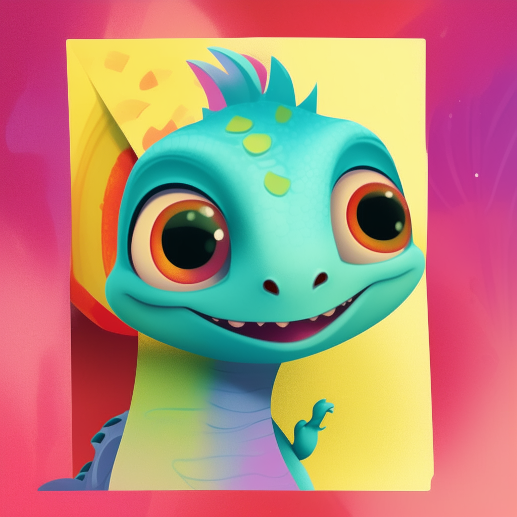 A tiny cartoon baby dragonette peeking out from behind the portrait on a colorful paper bill