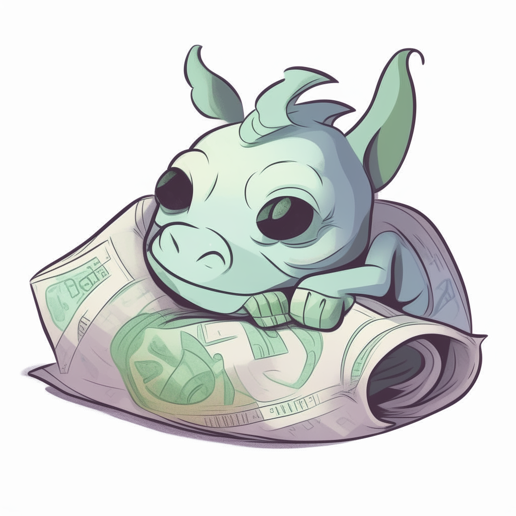 A cartoon baby dragonette curled up asleep inside a rolled-up paper money bill
