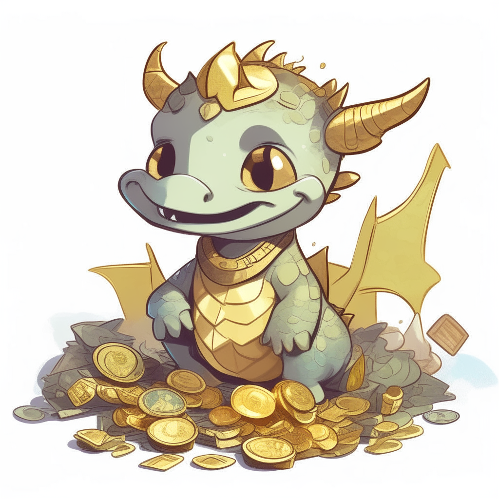 A cartoon baby dragon sitting happily amid a pile of gold coins and paper money bills
