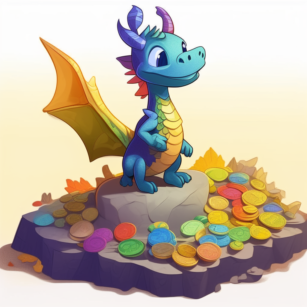 A tiny cartoon dragonette standing on a mound of colorful paper money, clutching a gold coin