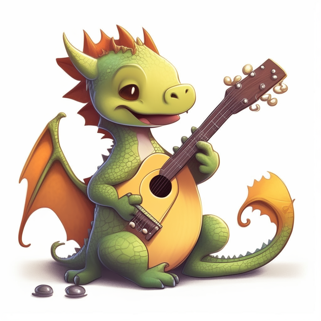 A tiny cartoon baby dragon playing an acoustic guitar many times its size