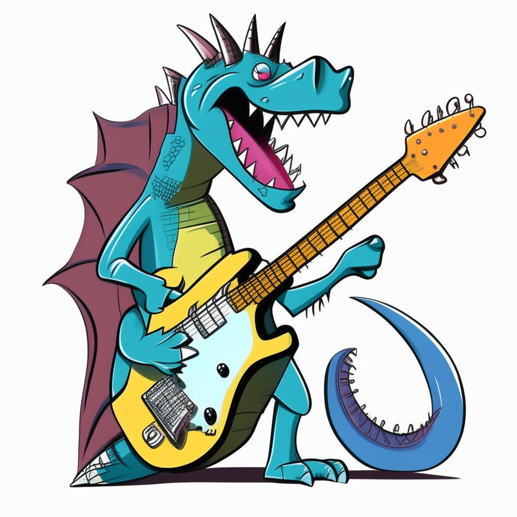A cartoon dragonette strumming chords on an electric guitar nearly as big as itself