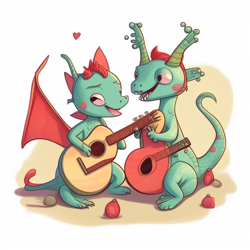 Two tiny cartoon dragonettes sitting together strumming a heart-shaped acoustic guitar