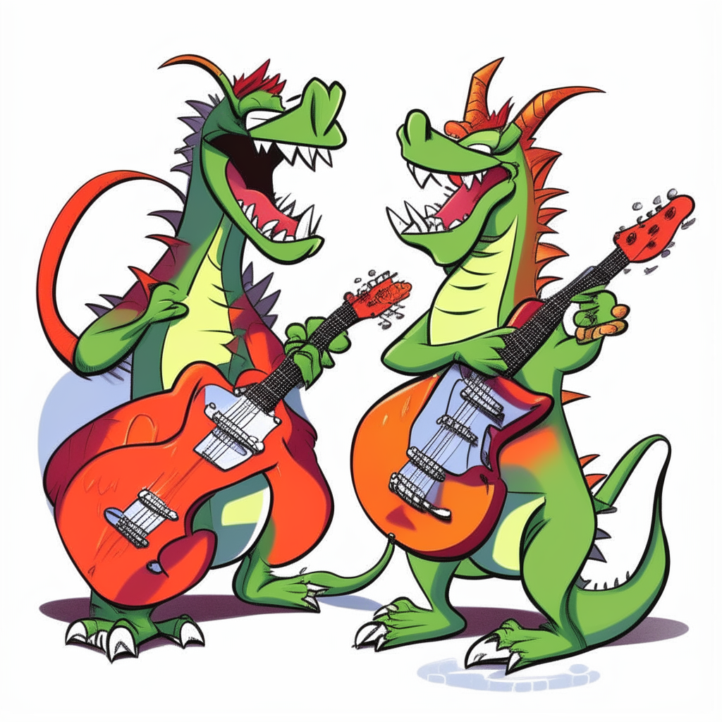A cartoon dragon couple jamming out back-to-back, each playing an electric guitar