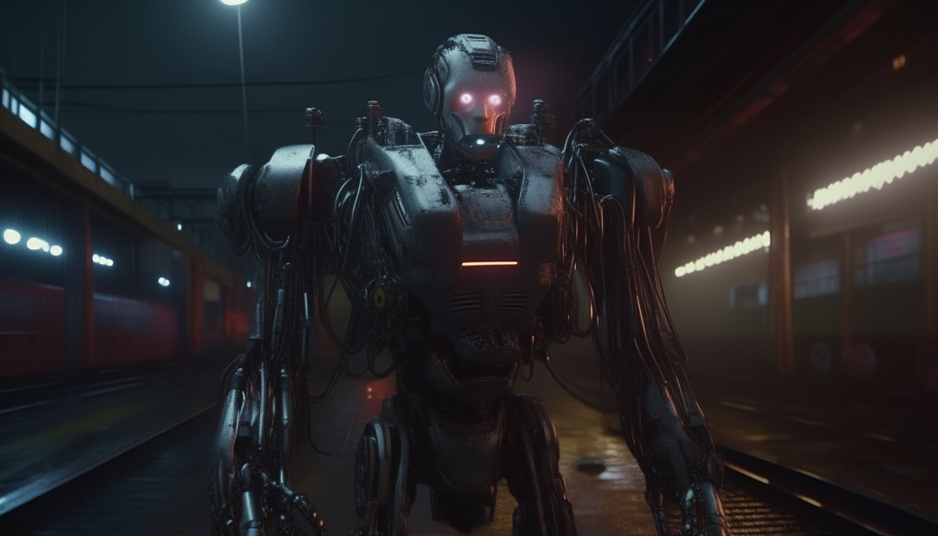 A robotic cyborg with spray paint cans in its arms stands in a dark train yard at night. Intricately detailed 4k image in a dark science fiction fantasy art style.