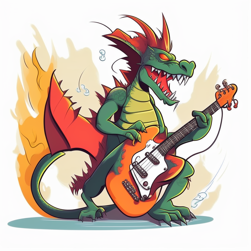 A cartoon dragon playing an electric guitar, shredding a solo with skill and passion