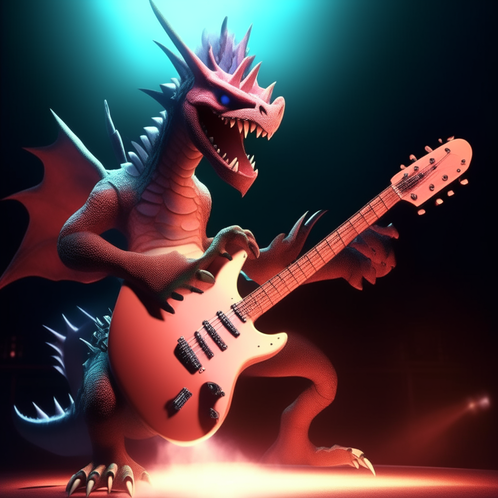 An animated dragon rocking out on an electric guitar, illuminated by stage lights