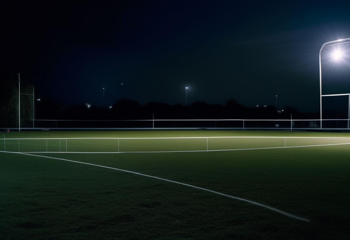 A moonlit soccer field at night, the grass glowing silver in the pale light, empty stands and goalposts silhouetted against the dark sky