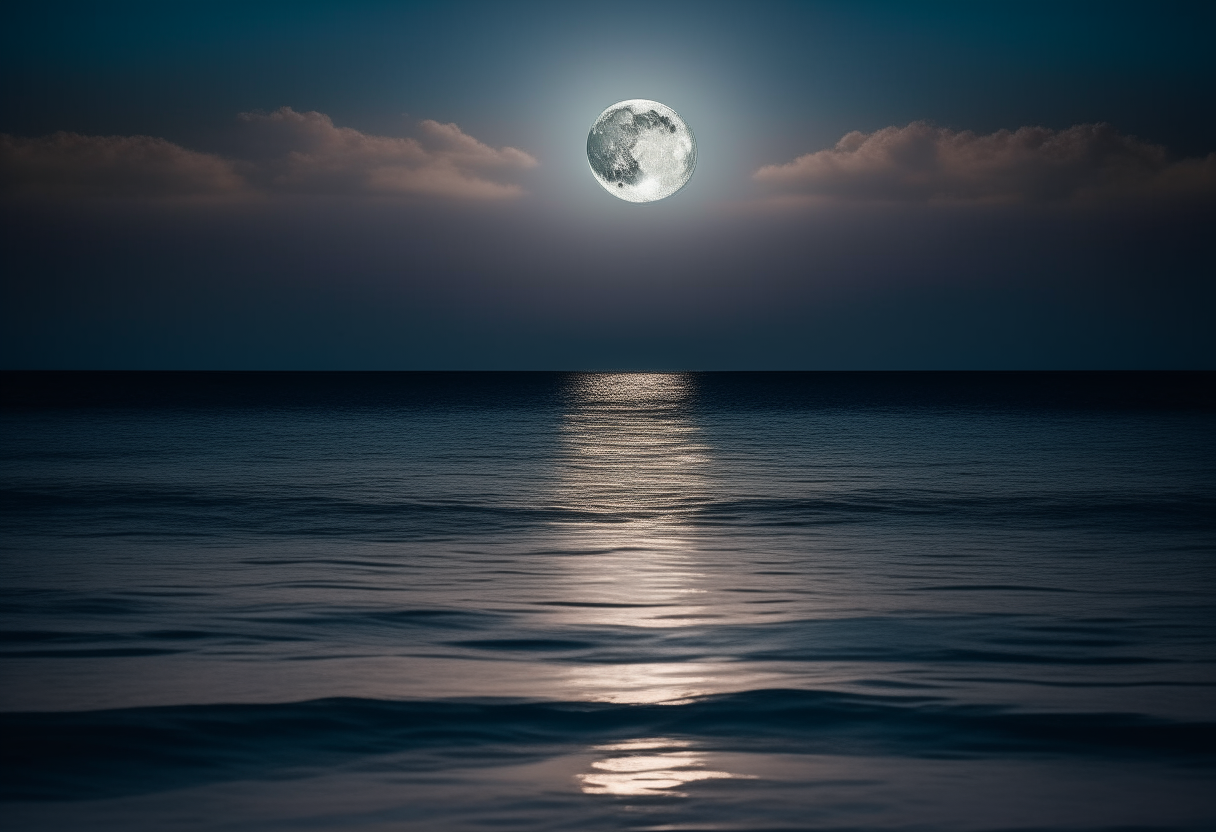 A glowing full moon rising above a calm ocean at night