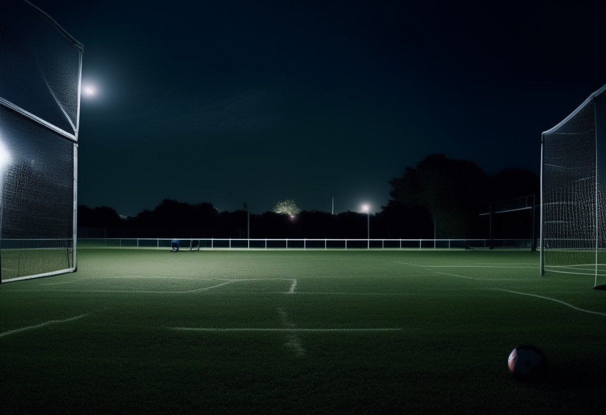 A moonlit soccer field at night, with the grass glowing silver and empty goalposts silhouetted against the dark sky