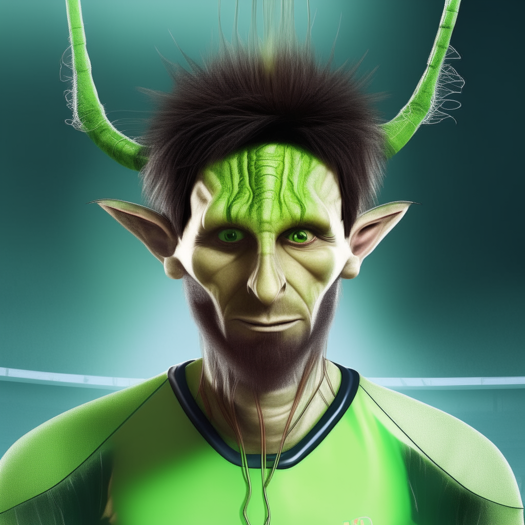 Lionel Messi depicted as a green-skinned alien with long antennae protruding from his head