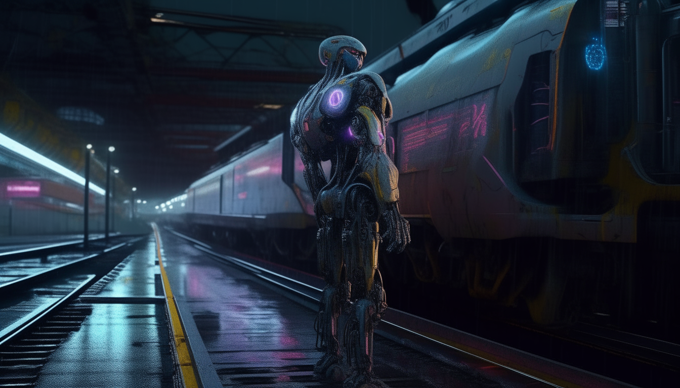 A cyborg robot stands in a train yard at night, with colorful graffiti art on the side of the trains in the background. Dark, gloomy atmosphere captured in intricate 4K detail in a science fiction fantasy art style.