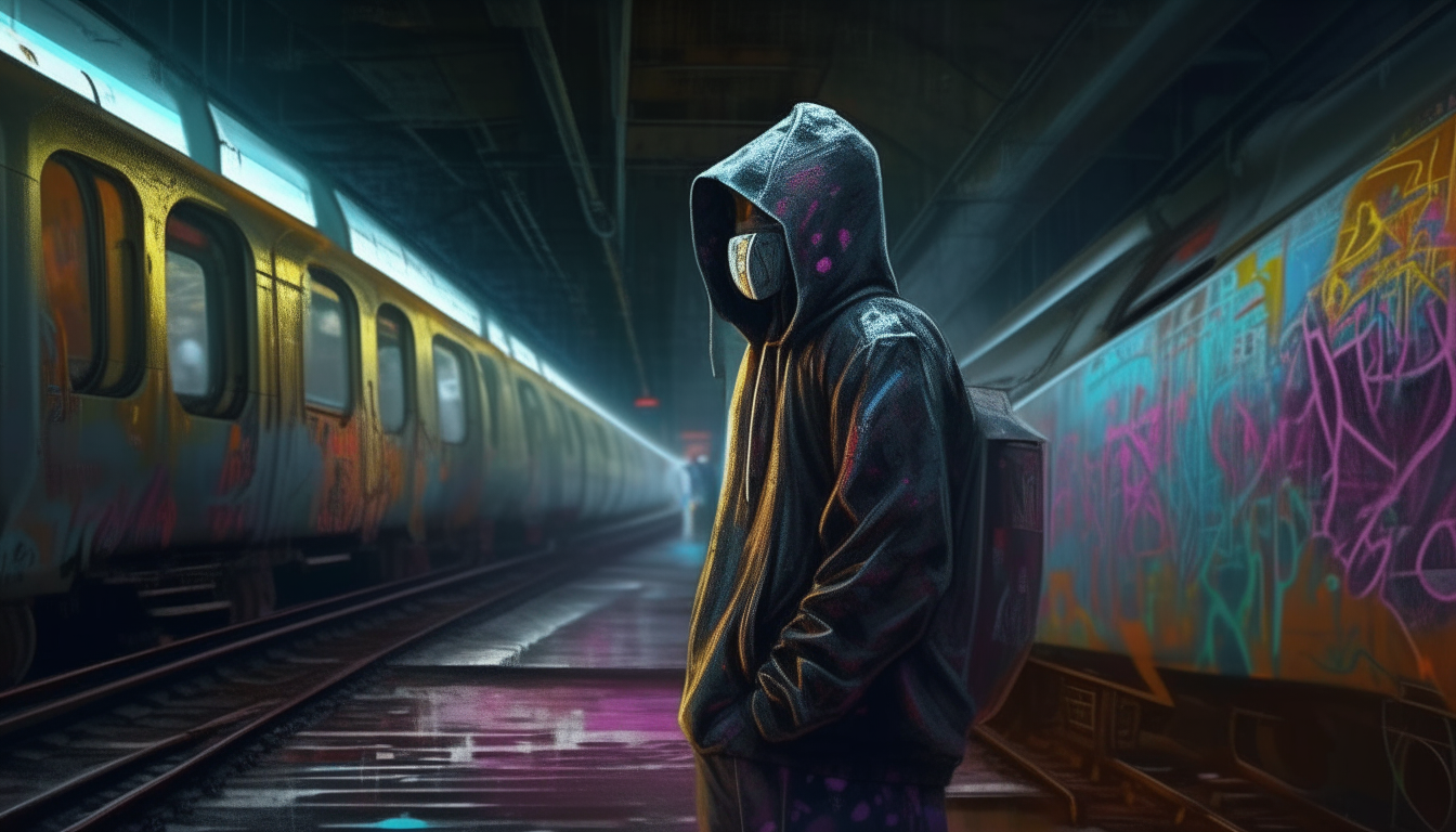 A cyborg robot wearing a hoodie and holding a can of spray paint stands in a train yard at night. Colorful graffiti tags cover the side of a train in the background. Dark, gloomy atmosphere captured in intricate 4K detail in a science fiction fantasy art style.