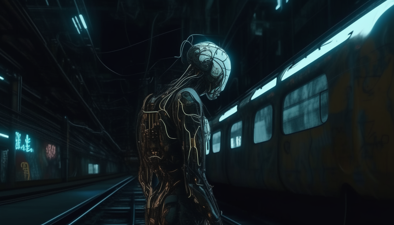 A cyborg graffiti artist with exposed biomechanical wires stands in a train yard at night. Biomechanical style graffiti covers the trains. Dark, gloomy 4K image in a science fiction fantasy art style.