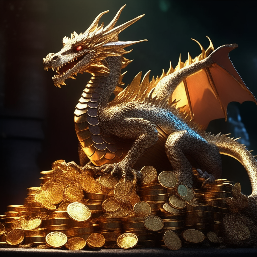 A majestic dragon perched on a pile of glittering gold coins, scales gleaming in the sunlight