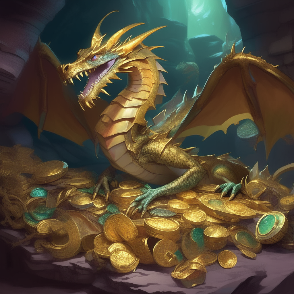 A dragon guarding a treasure hoard, coiled protectively around mounds of gold artifacts and jewels