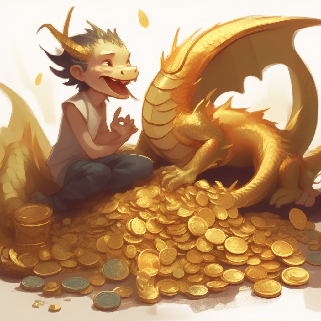 A dragon lounging beside a pile of treasure, playfully using its claws to scoop up handfuls of gold coins and pour them over a giggling child