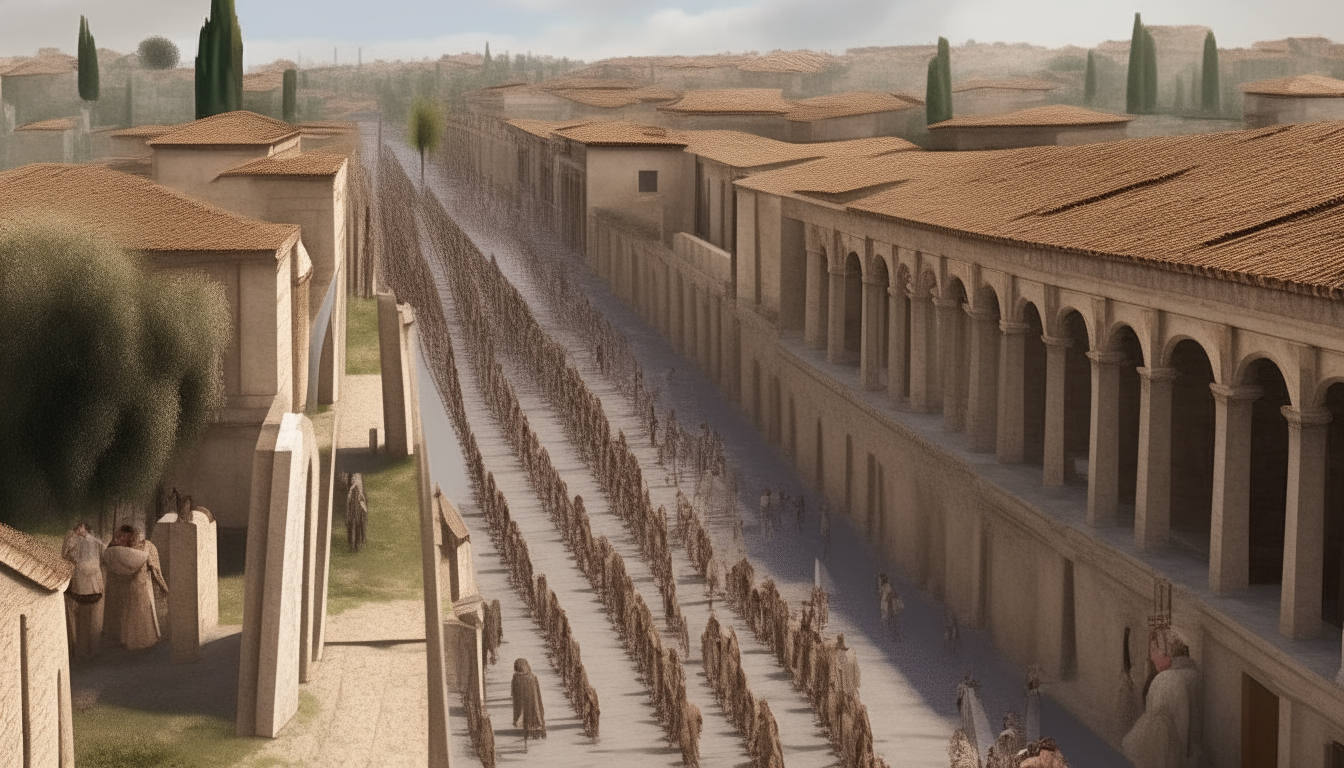 a reconstruction of the ancient Appia road crossing through an ancient roman city with government buildings, temples, columns, arches and people