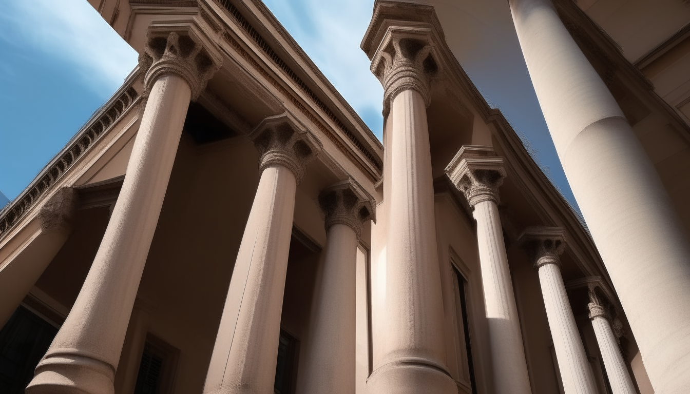 looking up at roman architecture and columns from street level