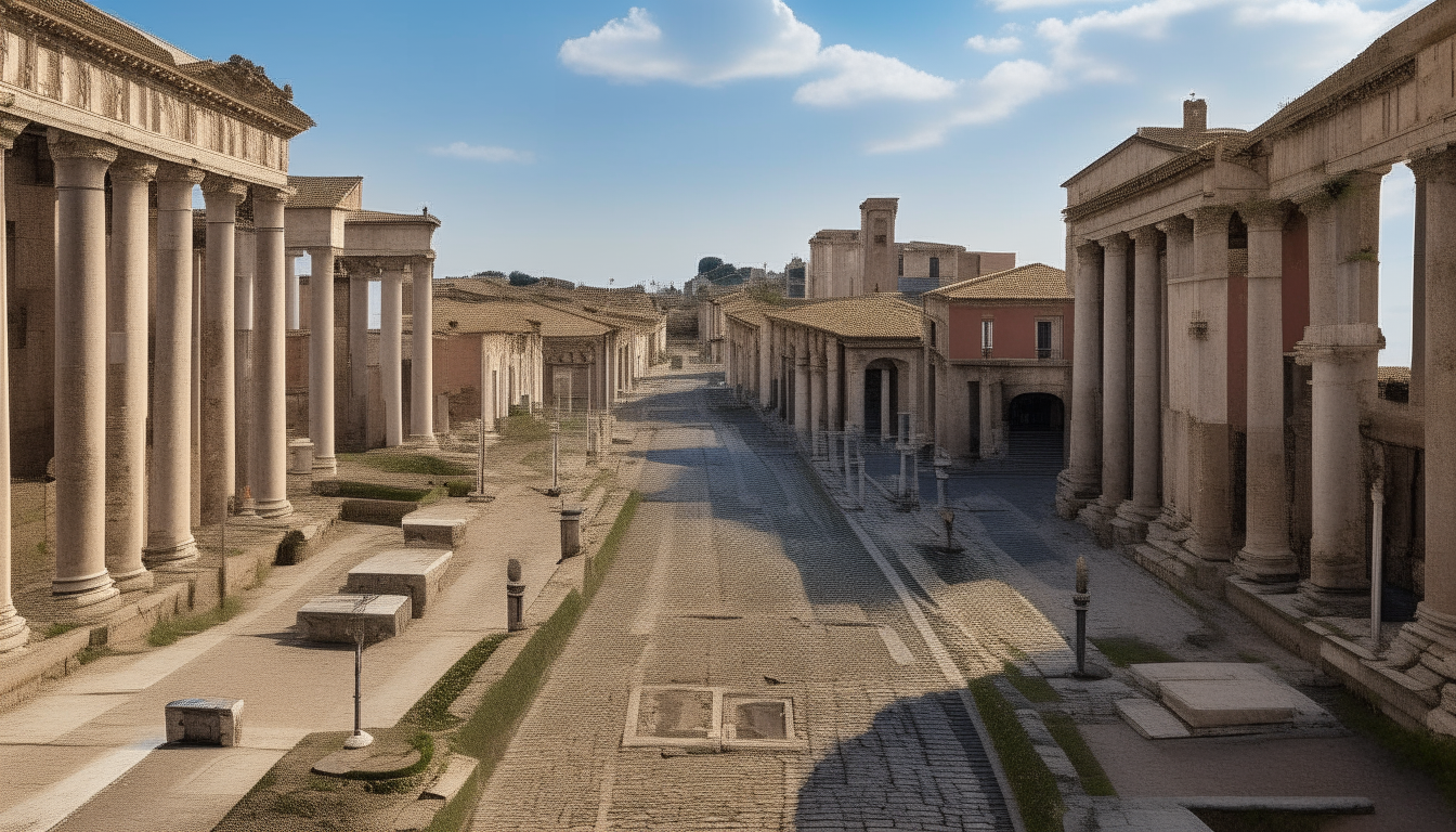 a wide ancient Roman road with columns lined with buildings in the style of ancient Pompeii crosses an open square forum surrounded by ancient Roman architecture