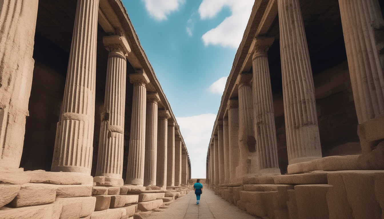 looking up at an ancient Roman road lined with columns and buildings, seen from the perspective of a person standing on the ground