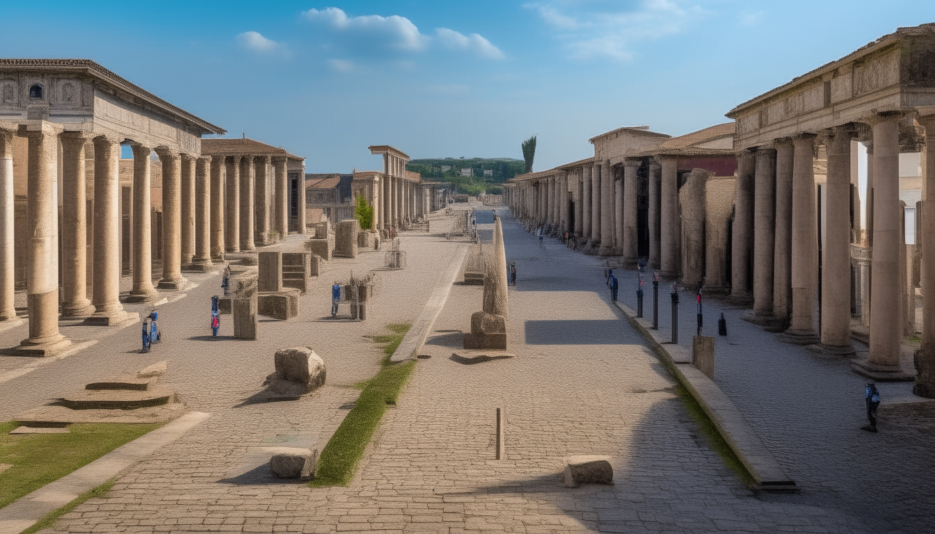 An ancient Roman road lined with columns crosses a large open square surrounded by ancient Roman buildings, statues, columns, and people in tunics in the intricate style of Pompeii