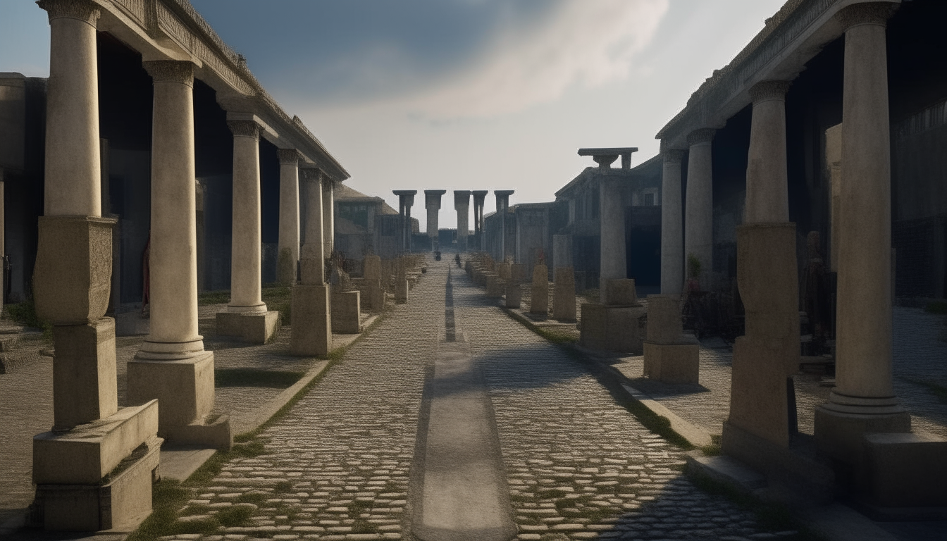 A wide ancient Roman road paved with basalt stones lined with columns crosses three quarters of a large open square paved with marble and surrounded by intricate ancient Roman buildings, statues, columns, and people wearing tunics in the style of Pompeii, cinematic lighting