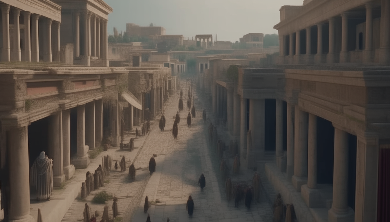 A wide ancient Roman road with columns lined with precisely detailed buildings in the style of ancient Rome crosses through a bustling city full of people wearing togas, all rendered in cinematic 4k quality