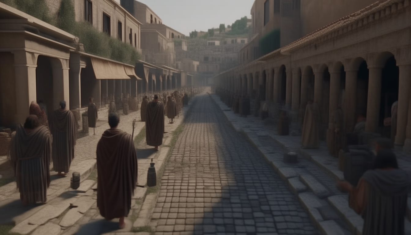 An ancient Roman road paved with basalt stones, lined with columns and precisely detailed buildings in the style of ancient Rome, crosses through a bustling city full of people wearing togas, rendered in cinematic 4k quality