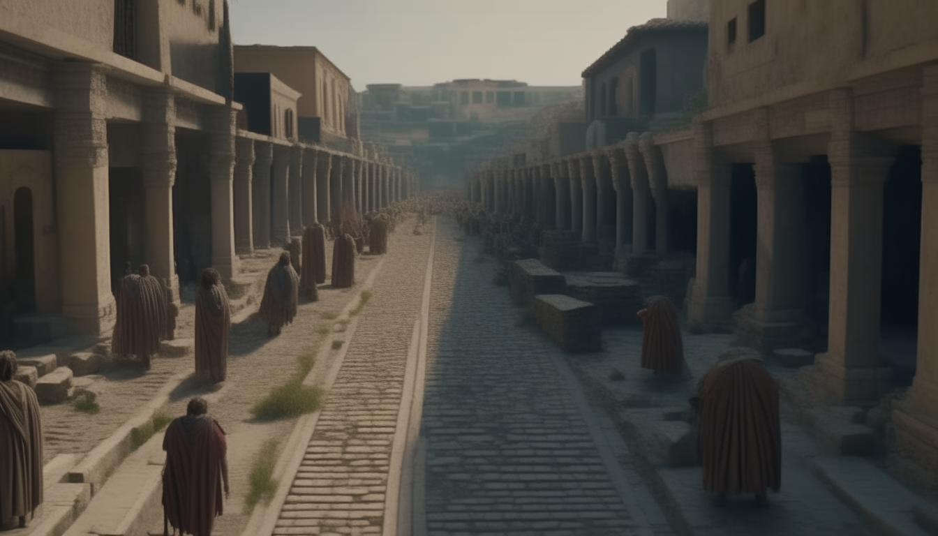 A wide ancient Roman road paved with basalt stones with columns lined with precisely detailed buildings in the style of ancient Rome crosses through a bustling city full of people wearing togas, all rendered in cinematic 4k quality