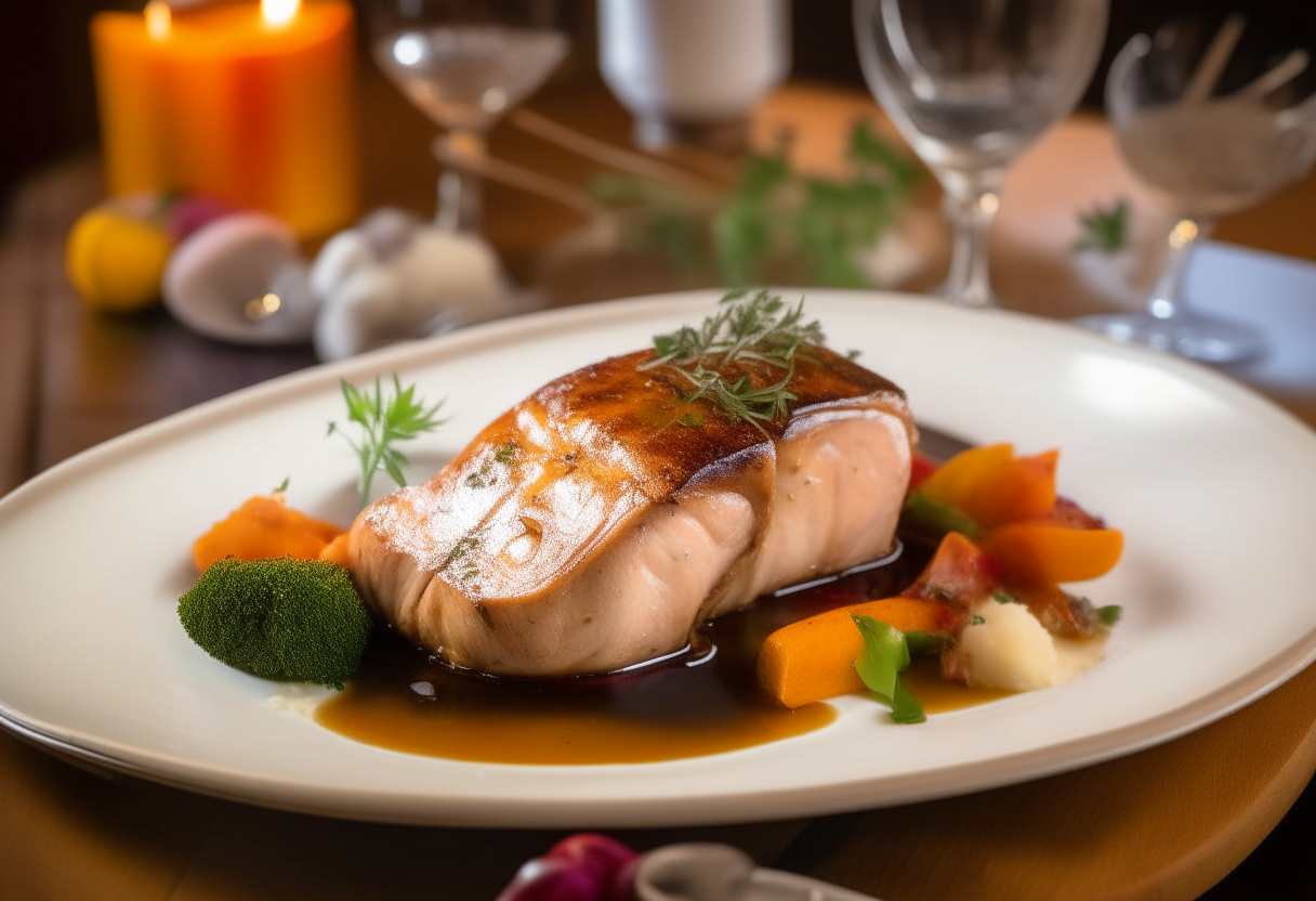 A beautifully plated pork loin entree with apple cider glaze, served with roasted autumn vegetables and creamy mashed potatoes on an elegant table set for dinner