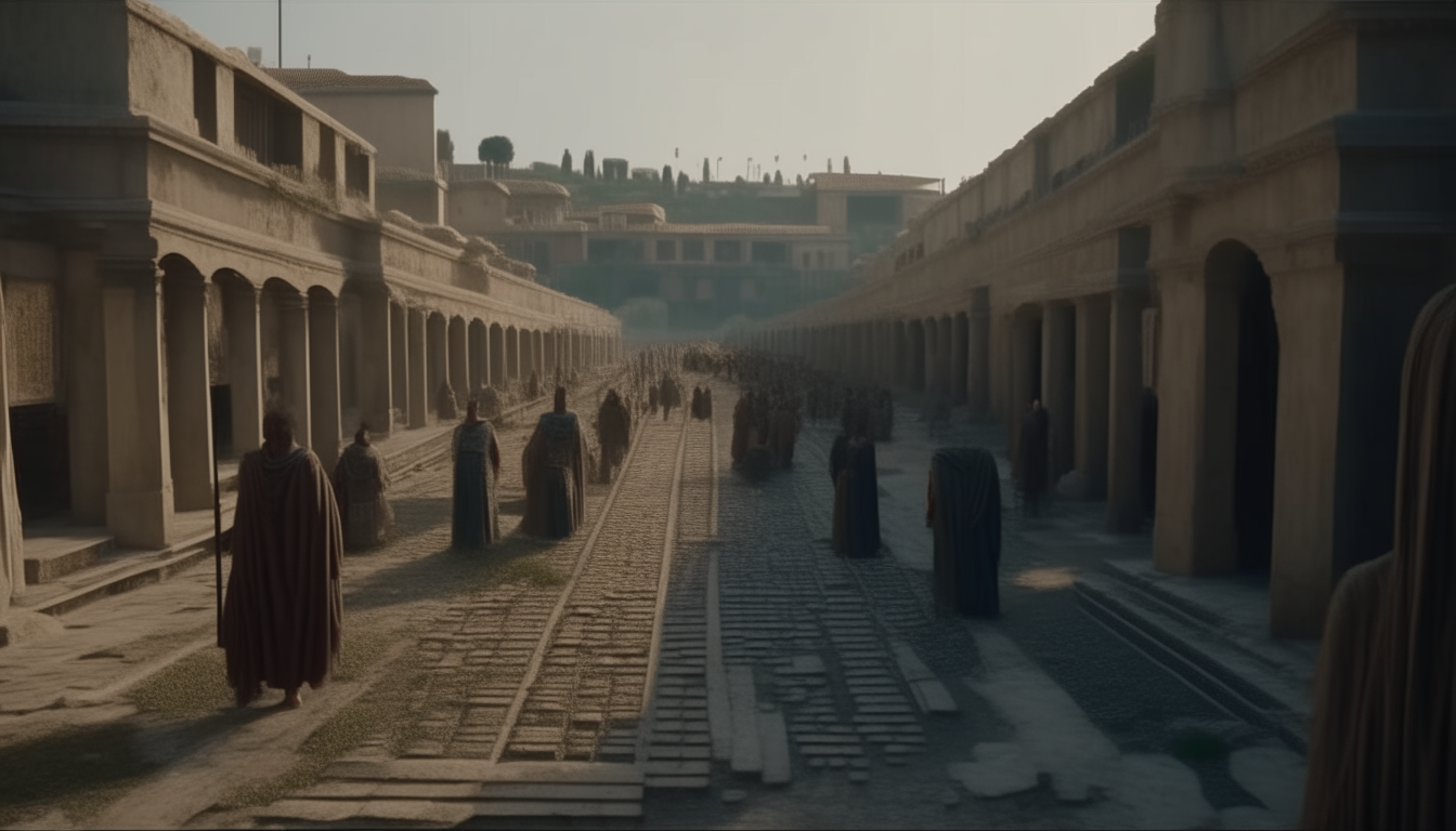 A wide ancient Roman road paved with oval basalt stones with columns lined with precisely detailed buildings in the style of ancient Rome crosses through a bustling city full of people wearing togas, all rendered in cinematic 4k quality