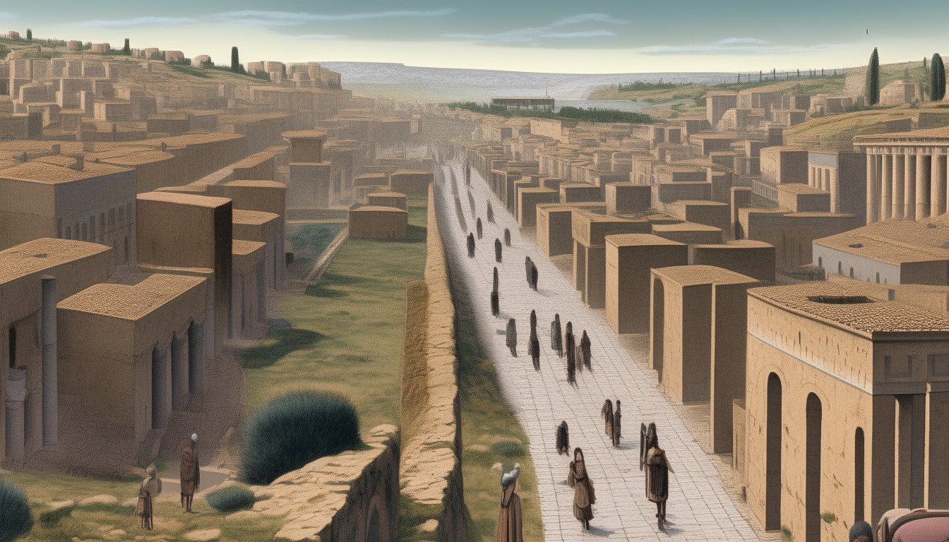 A wide ancient Roman road paved with round basalt stones lined with columns and buildings in intricate Roman style crosses a bustling ancient city with people in togas. In the distance, the road continues past the city toward a coastal landscape.