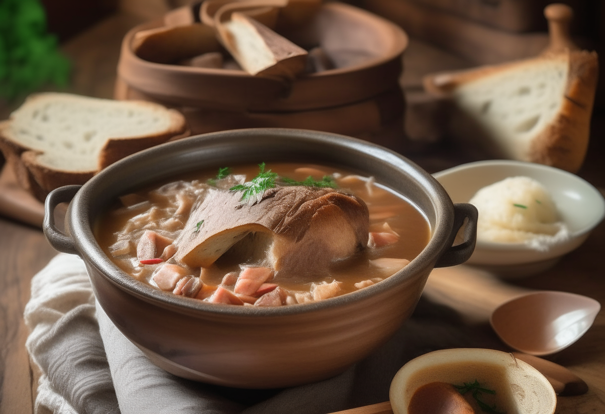 A hearty bowl of pork and sauerkraut stew served with rye bread in a cozy, rustic kitchen setting