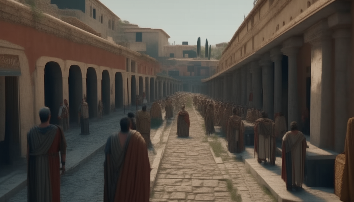 A wide ancient Roman road paved with round basalt stones lined with columns and precisely detailed buildings in ancient Roman style crosses through a bustling city full of people wearing colorful togas, rendered in cinematic 4k quality