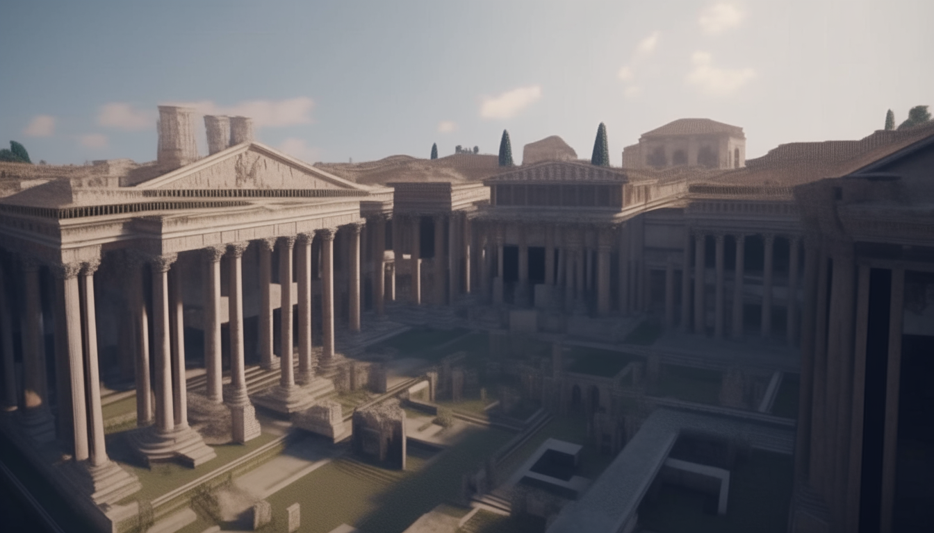 An intricately detailed ancient Roman forum surrounded by columns, statues and temples, rendered in a cinematic 4k style