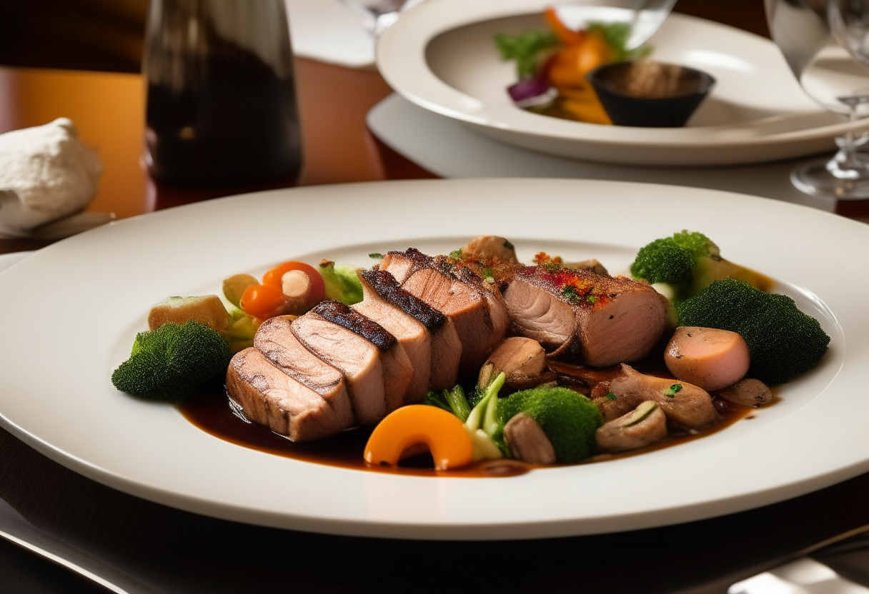 Sliced pork tenderloin with a balsamic glaze served with roasted vegetables in an elegant, modern dining room