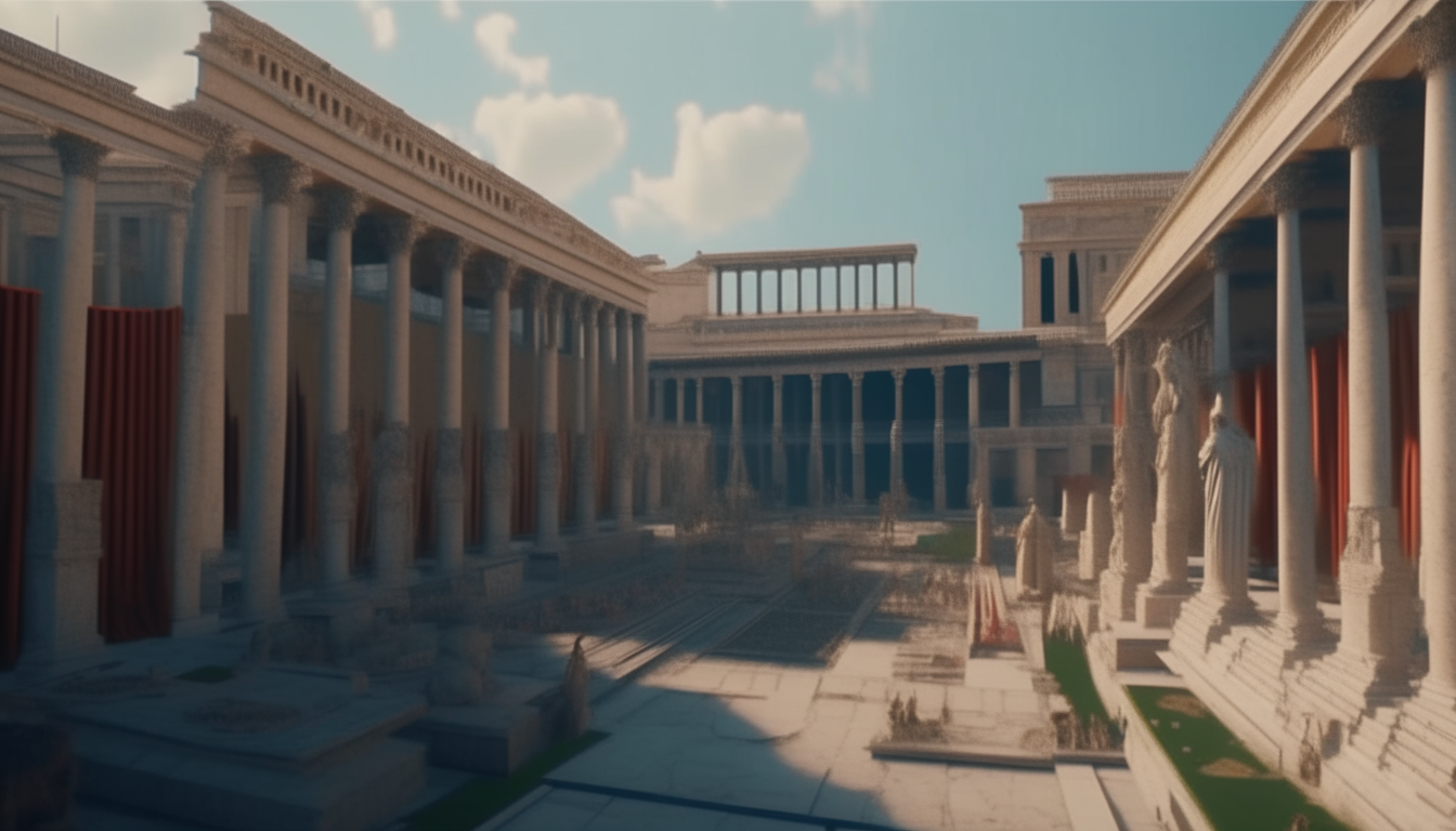 An intricately detailed ancient Roman forum surrounded by columns and statues, paved with square marble stones, with people wearing colorful togas wandering around, rendered in cinematic 4k quality