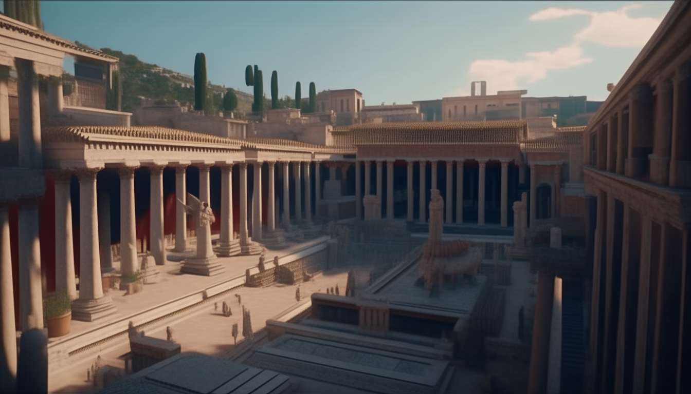 An intricately detailed ancient Roman forum surrounded on two levels by columns, statues and temples with people dressed in colorful togas wandering around, rendered in cinematic 4k quality