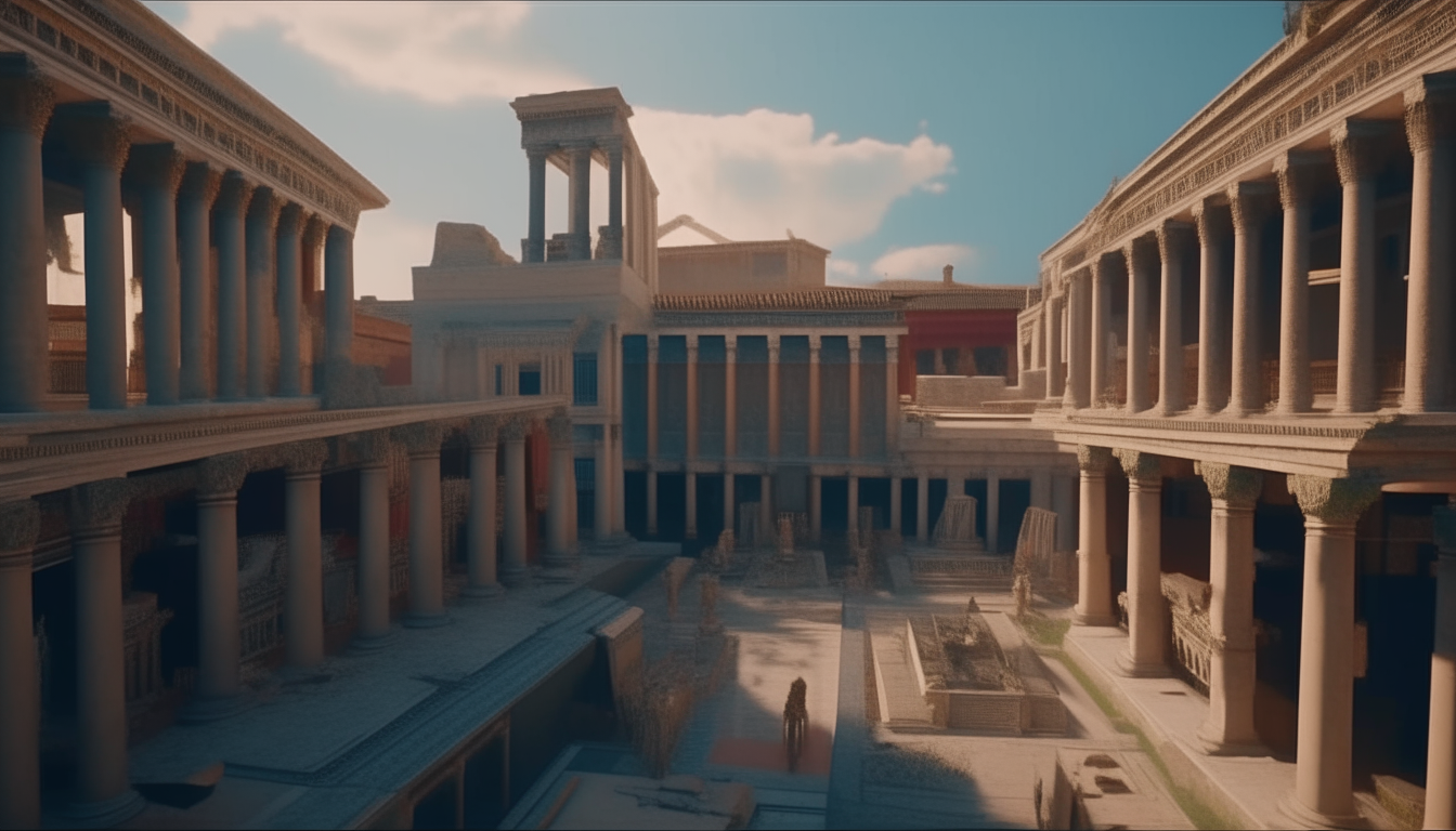 An intricately detailed two-level ancient Roman forum surrounded by columns, statues and temples with people in colorful togas wandering around, rendered in cinematic 4k quality