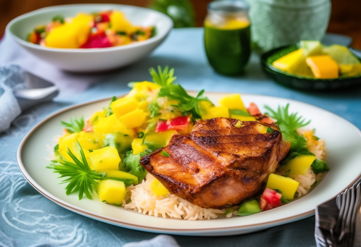 Grilled Hawaiian pork chops topped with pineapple salsa served with coconut rice and a tropical salad on a bright, patterned table