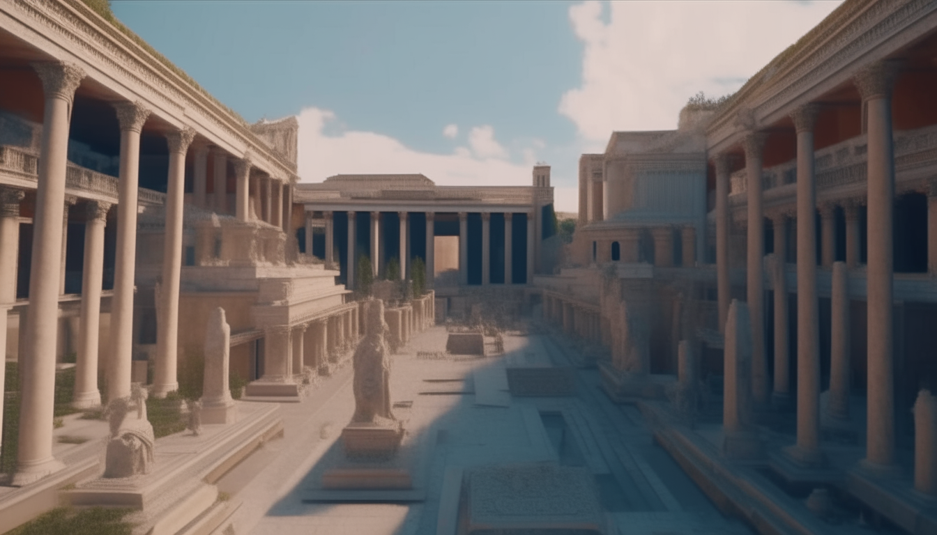 An intricately detailed two-level ancient Roman forum surrounded by columns, statues and temples paved with marble stones with people in colorful togas wandering around, rendered in cinematic 4k quality