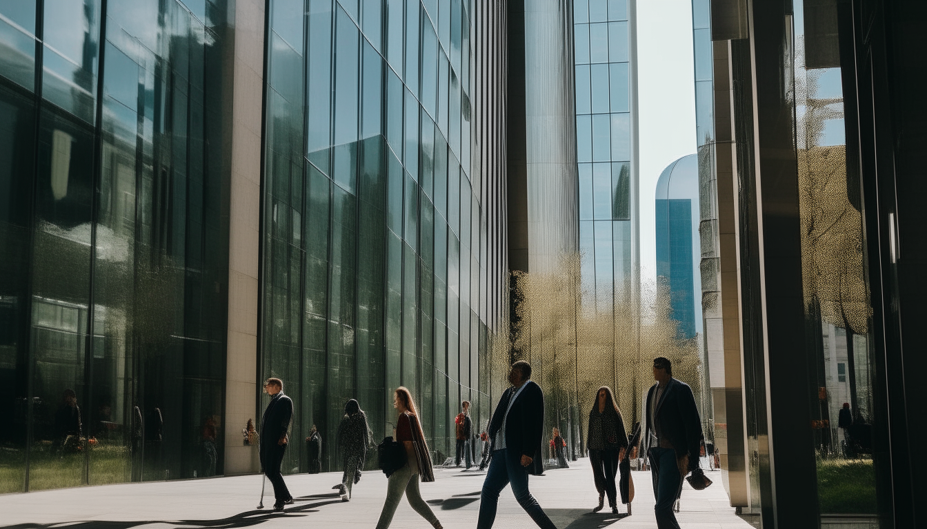 a group of people walking down a street next to tall glass office buildings, daytime