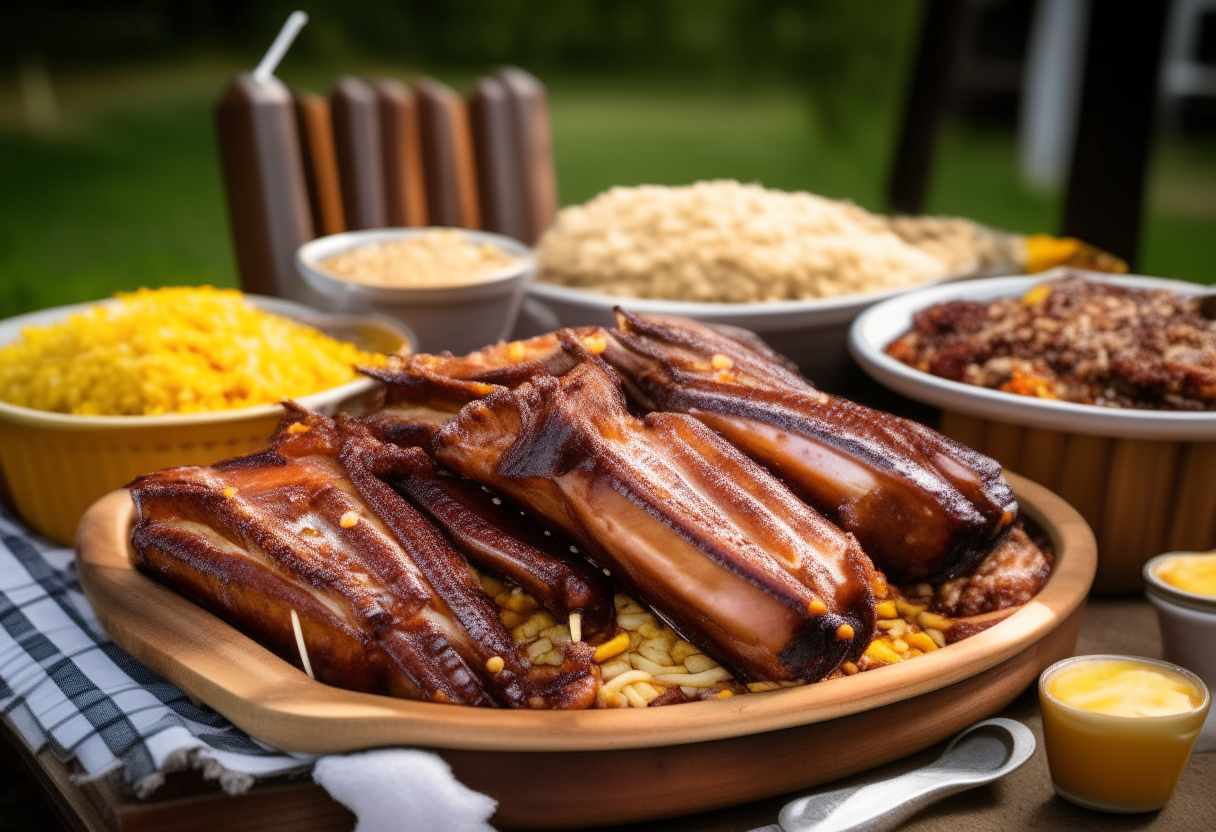 A rack of sticky, saucy barbecue pork ribs served with corn, coleslaw and picnic items outdoors