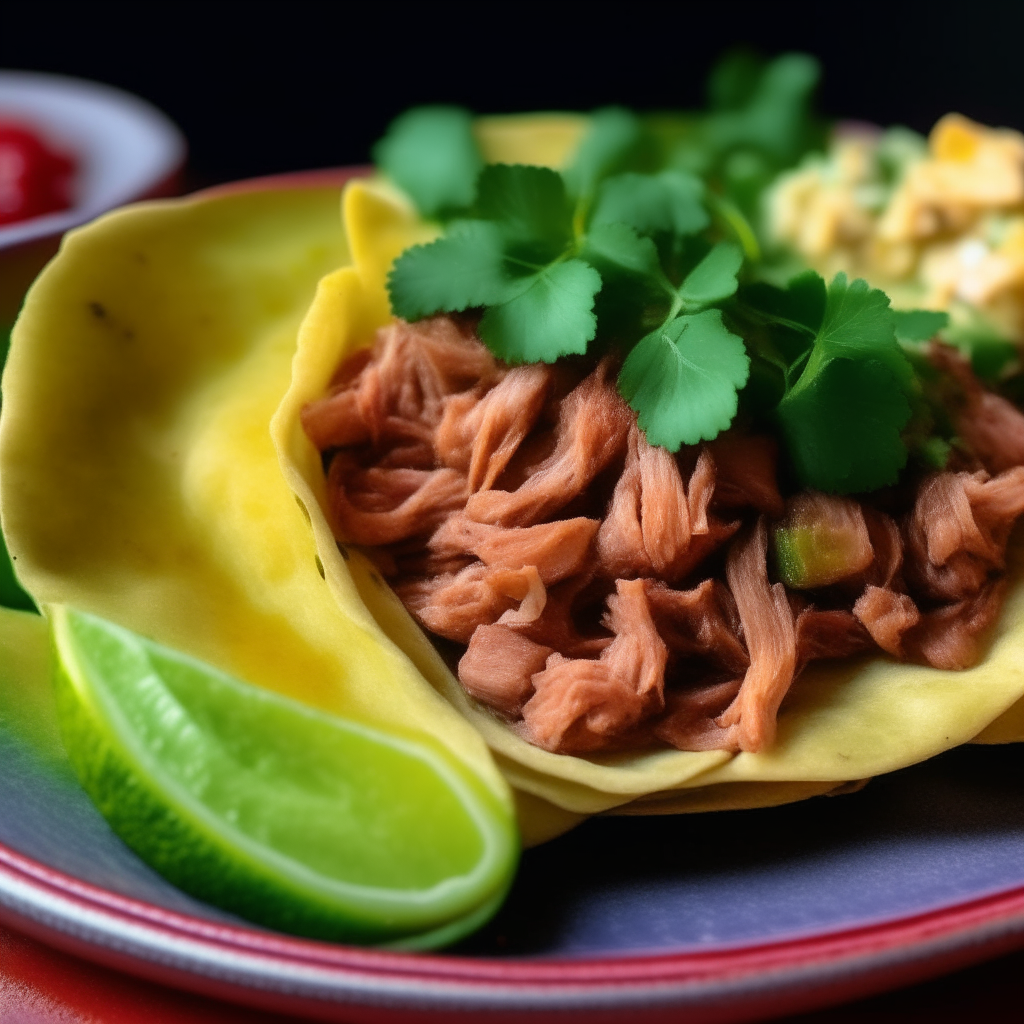 A close up photo of a colorful ceramic plate with tender pulled pork, corn tortillas, salsa verde, guacamole, cilantro and a lime wedge