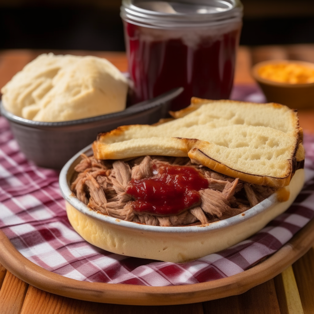 A close up photo of a rustic wooden platter with tender pulled pork, cornbread, coleslaw, barbecue sauce on a red and white checkered tablecloth