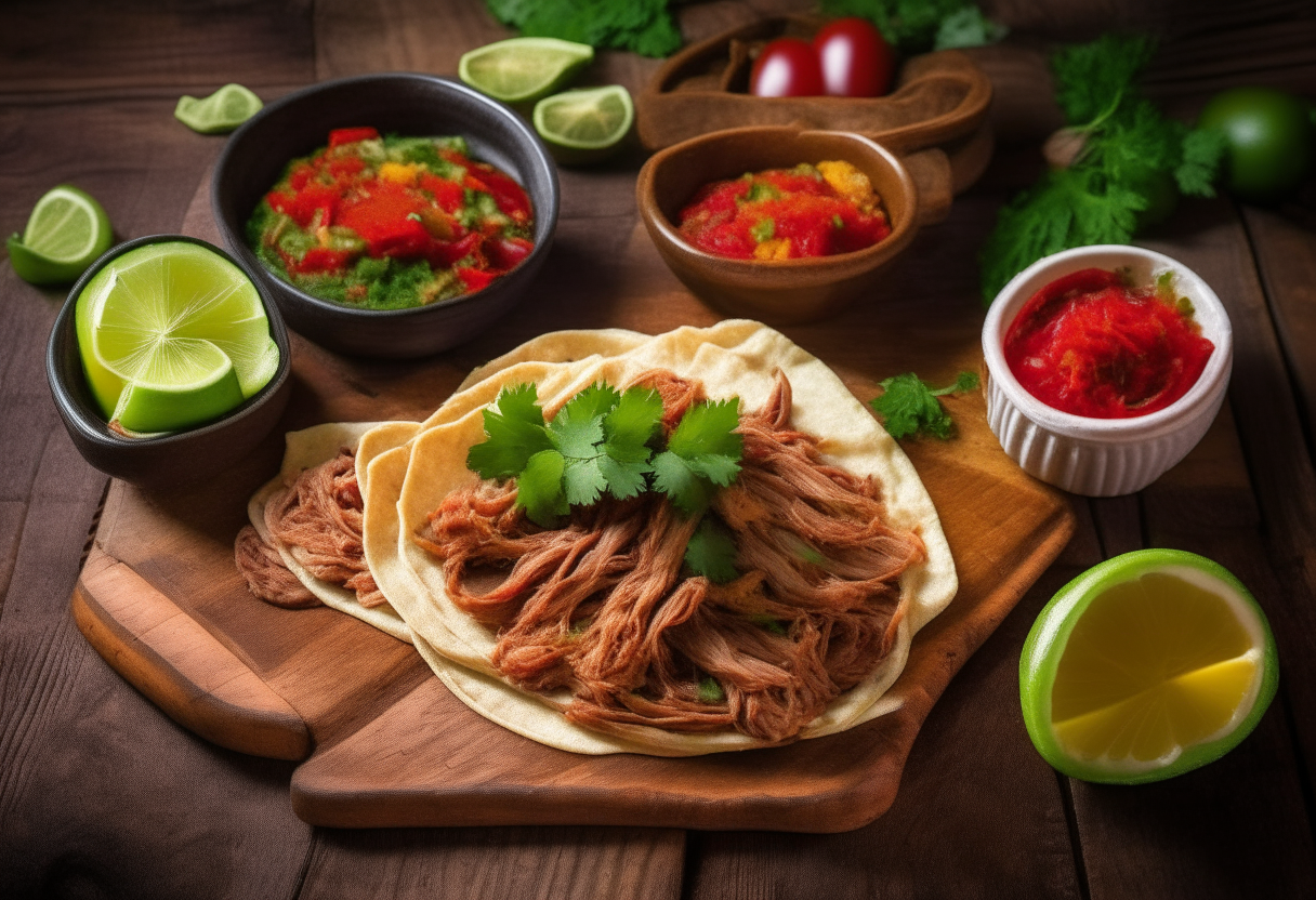 A Mexican-inspired pulled pork dish with tortillas, salsa, guacamole, and decorations, on a rustic wooden table